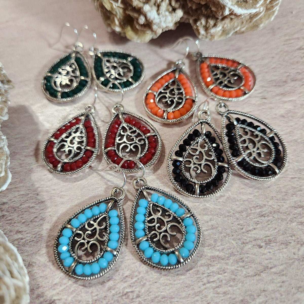 Beaded Teardrop Dangle Earrings - Silver Frame, Entwined Hearts