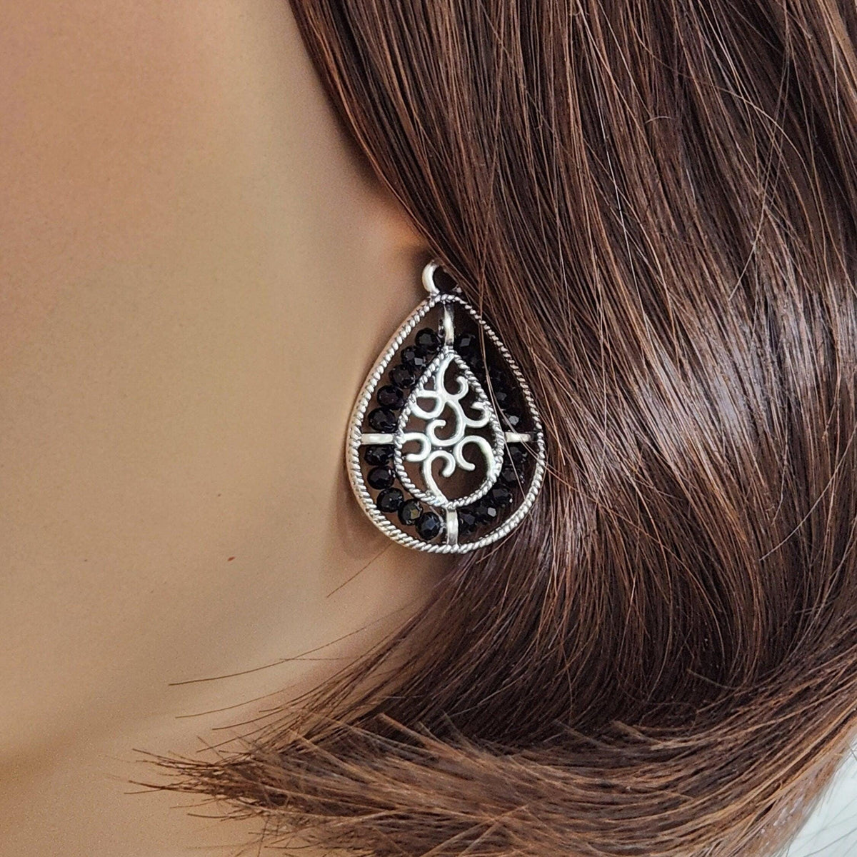 Beaded Teardrop Dangle Earrings - Silver Frame, Entwined Hearts