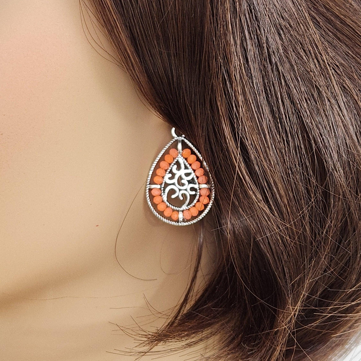 Beaded Teardrop Dangle Earrings - Silver Frame, Entwined Hearts