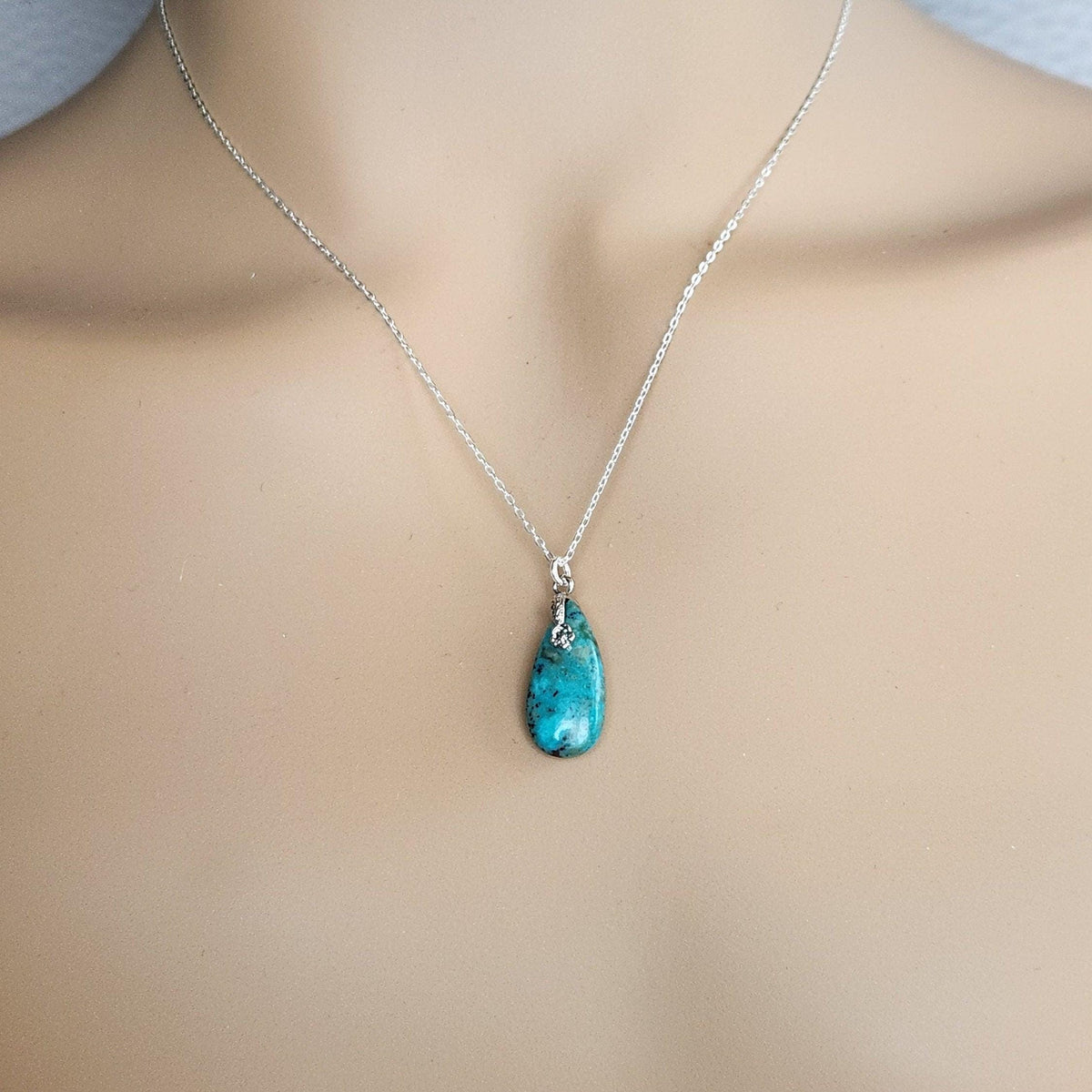 Turquoise Teardrop Pendant Necklace - Sterling Silver Chain, December Birthstone