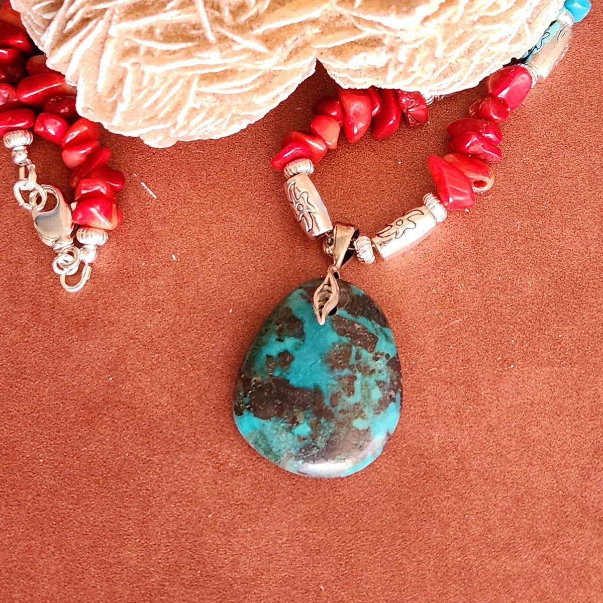 Turquoise Teardrop Pendant Necklace - Coral & Silver Accents, Southwestern Style