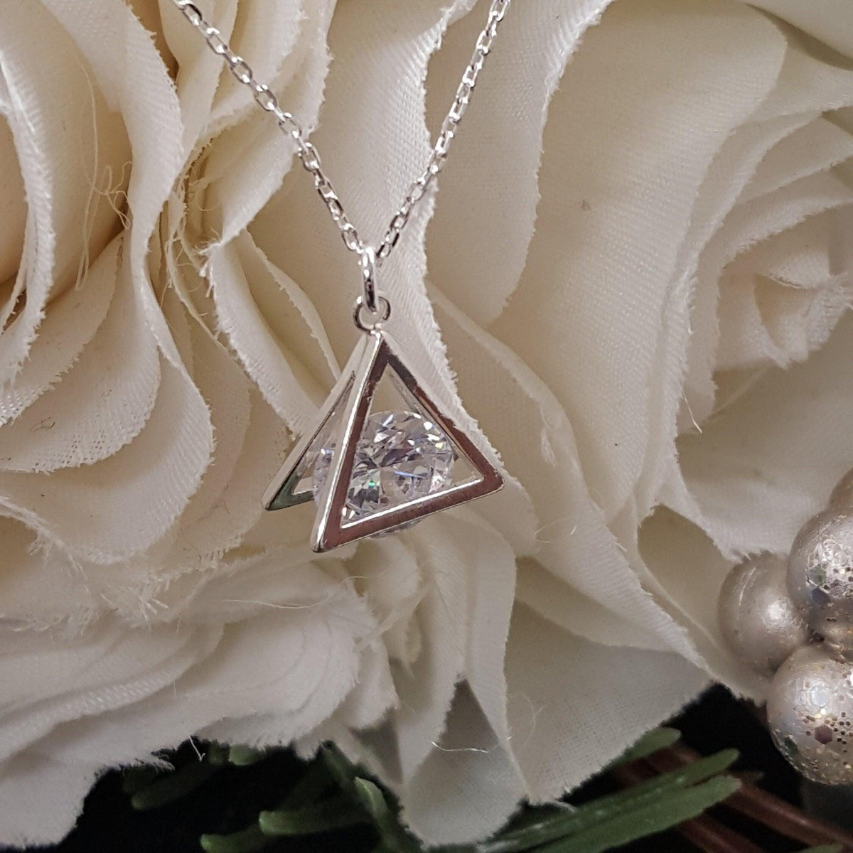Sterling Silver CZ Pyramid Necklace - Dainty Cubic Zirconia Pendant