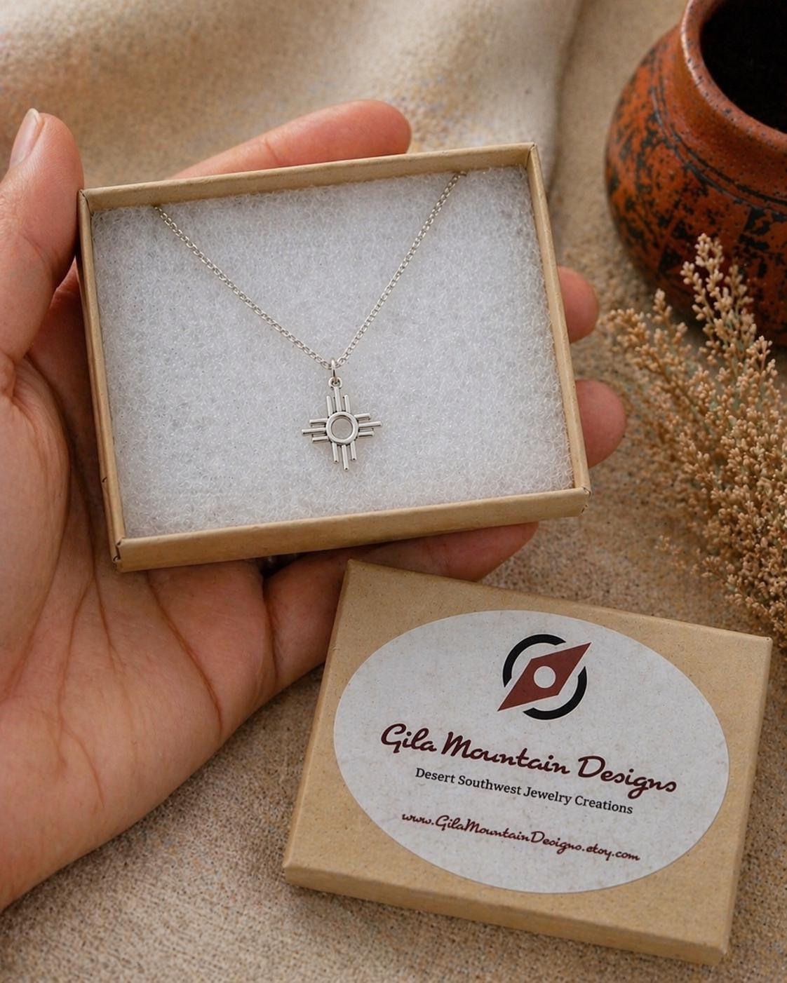 Sterling Silver Zia Sun Pendant Necklace - Southwest Pueblo Design Jewelry