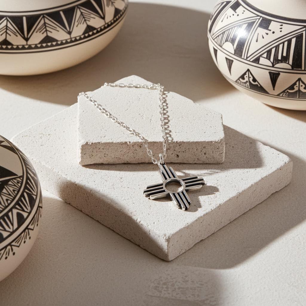 Sterling Silver Zia Sun Pendant Necklace - Southwest Pueblo Design Jewelry