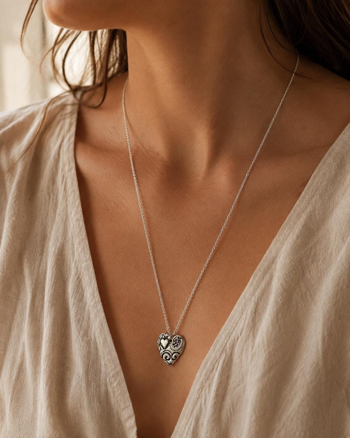 Silver Heart Necklace - Handmade Pendant Gift for Her