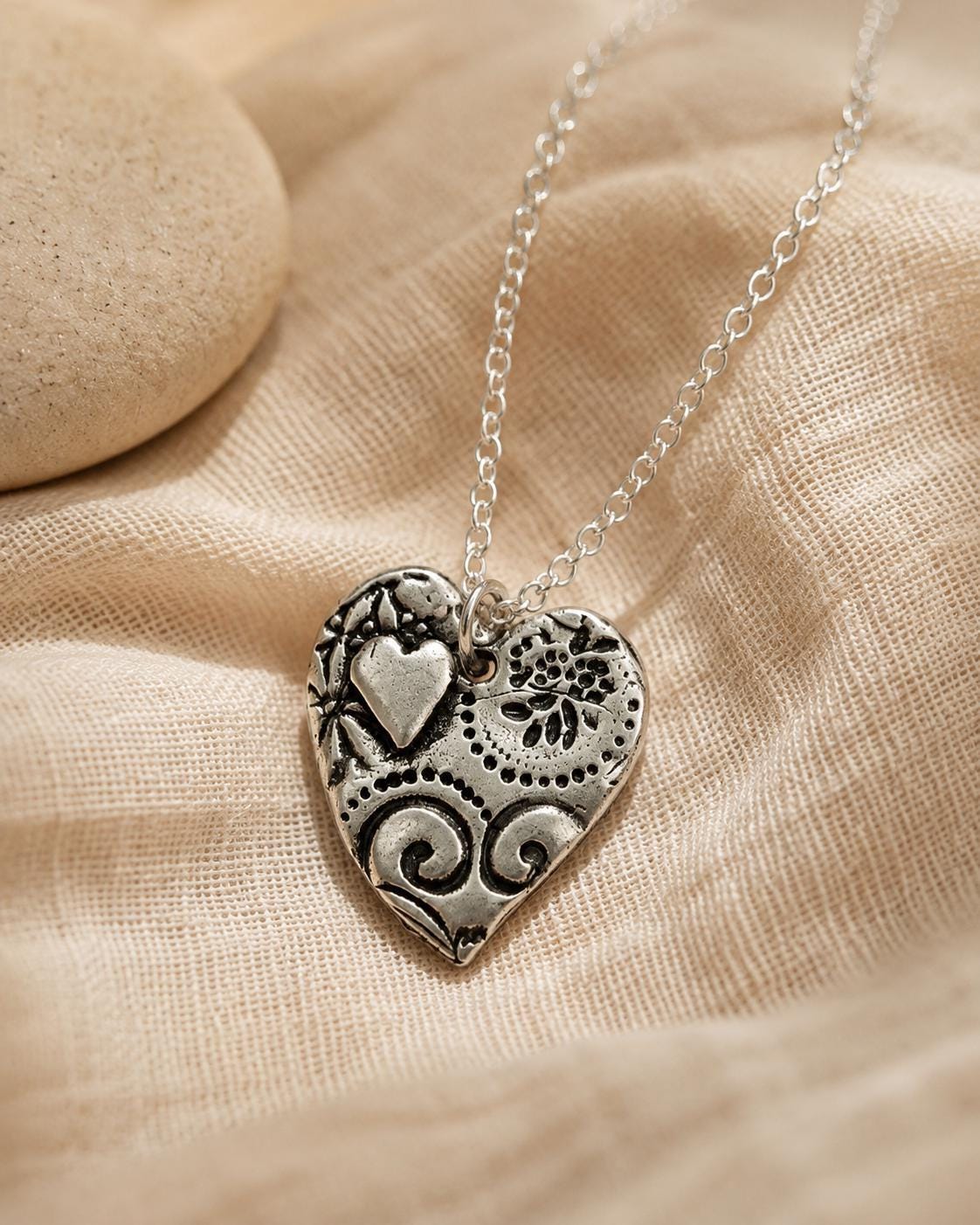 Silver Heart Necklace - Handmade Pendant Gift for Her