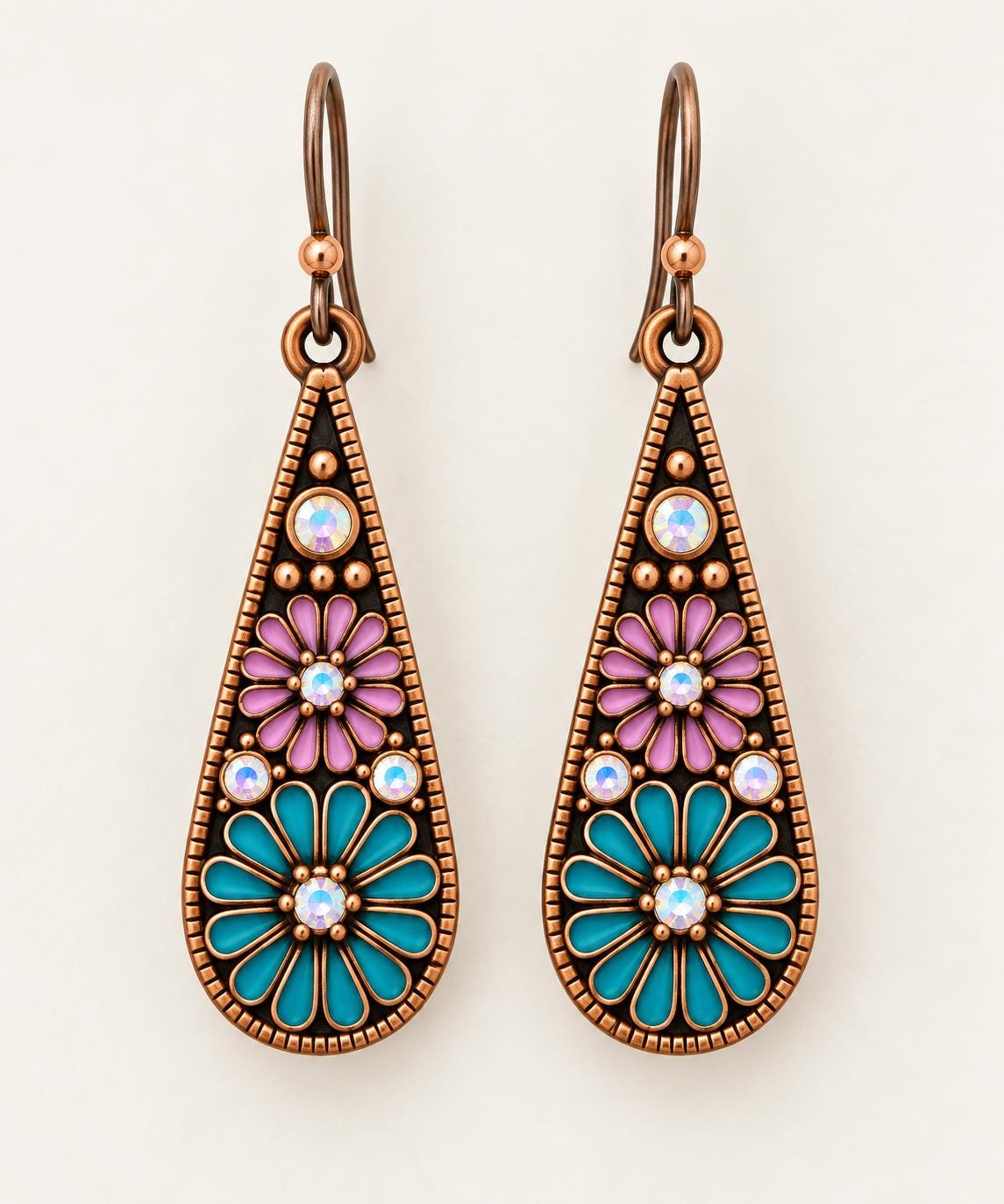 Desert Bloom Turquoise & Lavender Floral Earrings – Antiqued Copper Teardrop Dangles with Iridescent Crystals