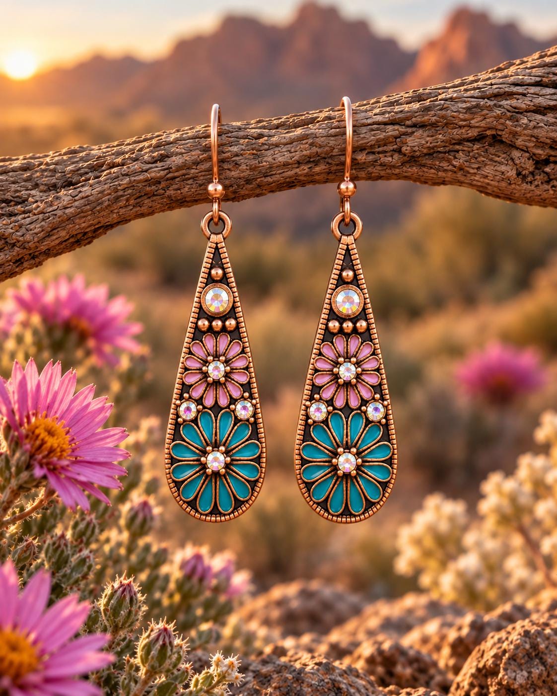 Desert Bloom Turquoise & Lavender Floral Earrings – Antiqued Copper Teardrop Dangles with Iridescent Crystals