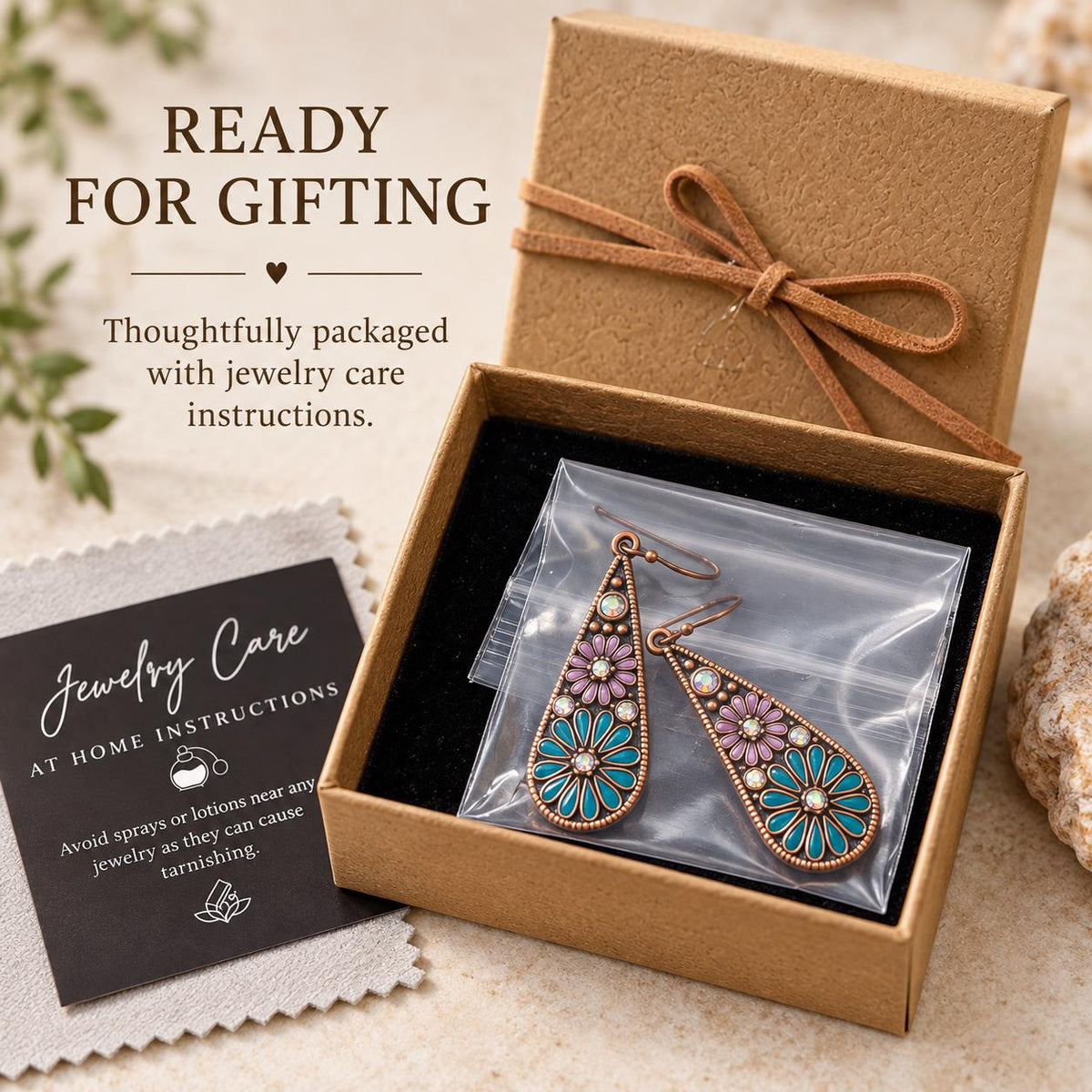Desert Bloom Turquoise & Lavender Floral Earrings – Antiqued Copper Teardrop Dangles with Iridescent Crystals