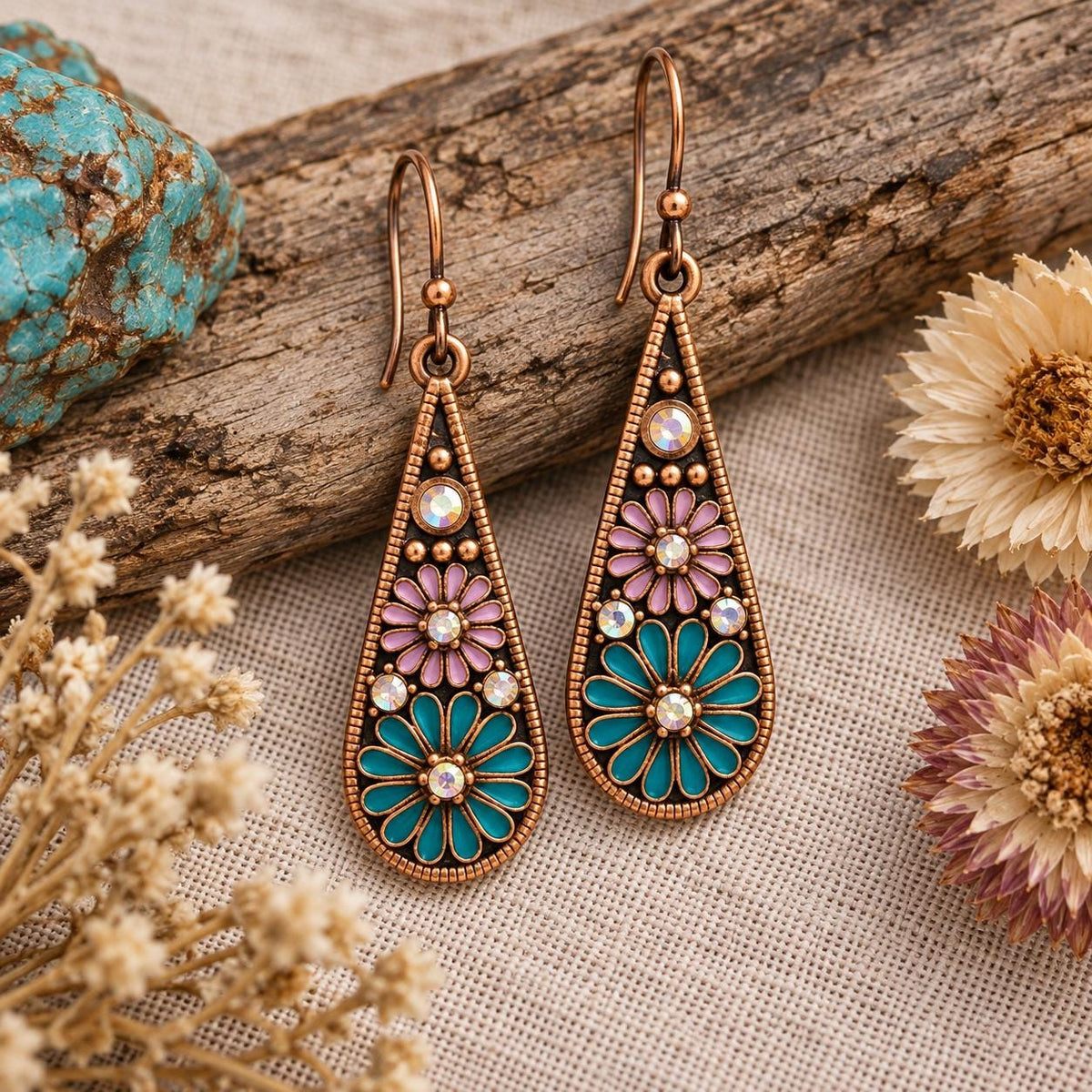 Desert Bloom Turquoise & Lavender Floral Earrings – Antiqued Copper Teardrop Dangles with Iridescent Crystals