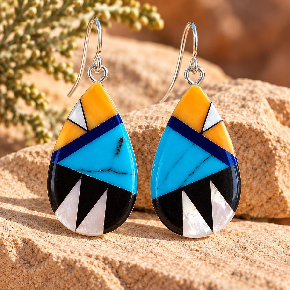 Southwestern Teardrop Earrings – Mother of Pearl & Colorful Geometric Resin Inlay