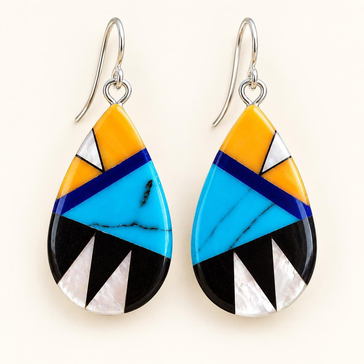Southwestern Teardrop Earrings – Mother of Pearl & Colorful Geometric Resin Inlay
