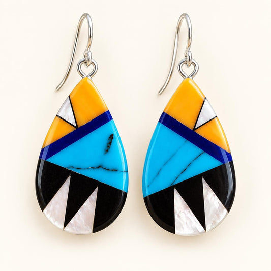 Southwestern Teardrop Earrings – Mother of Pearl & Colorful Geometric Resin Inlay