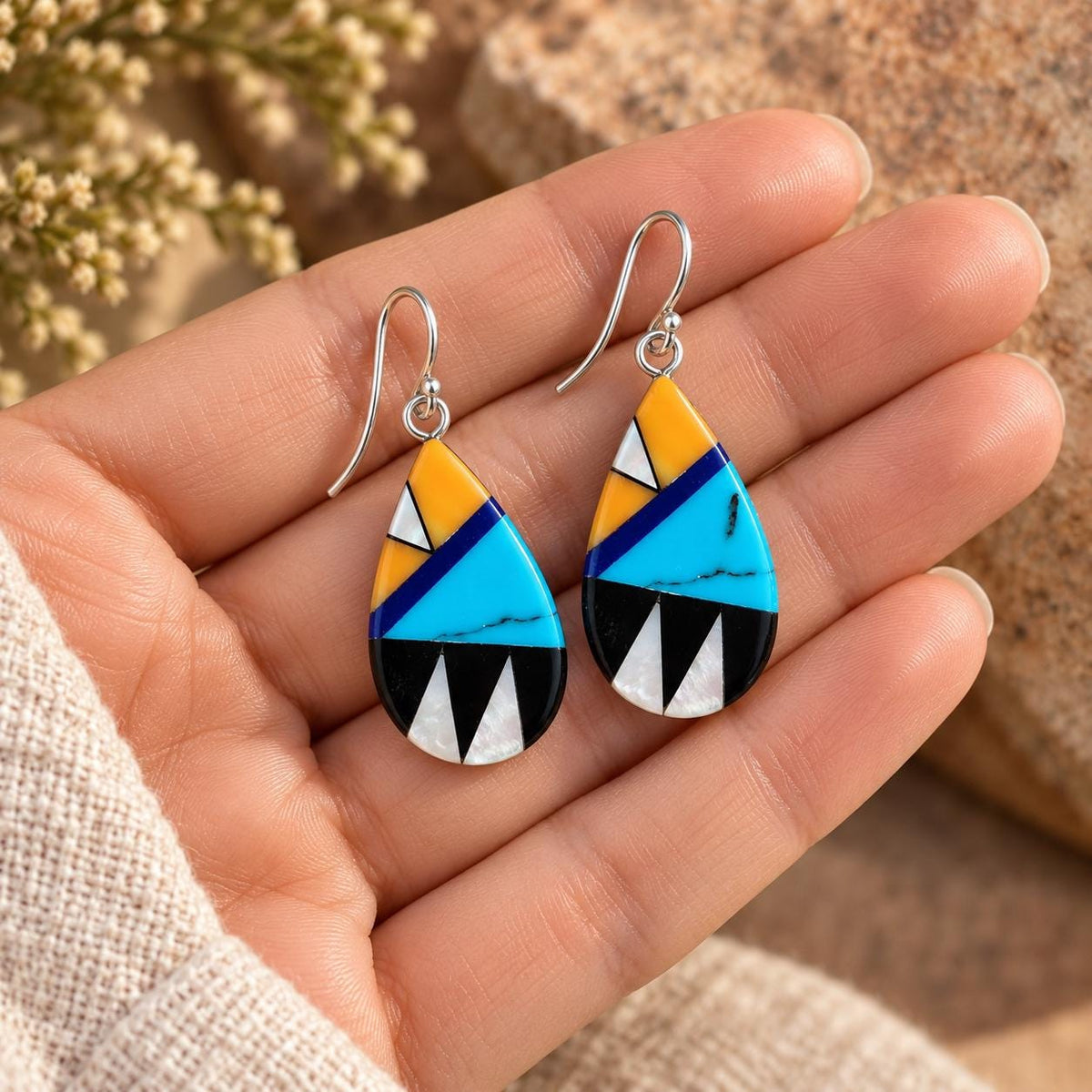 Southwestern Teardrop Earrings – Mother of Pearl & Colorful Geometric Resin Inlay