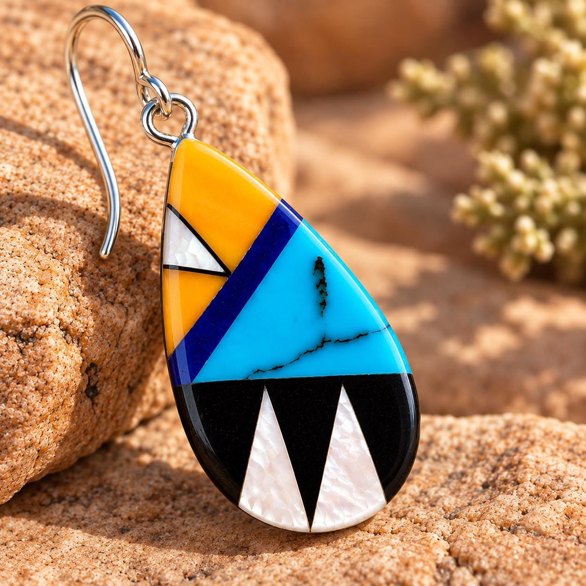 Southwestern Teardrop Earrings – Mother of Pearl & Colorful Geometric Resin Inlay