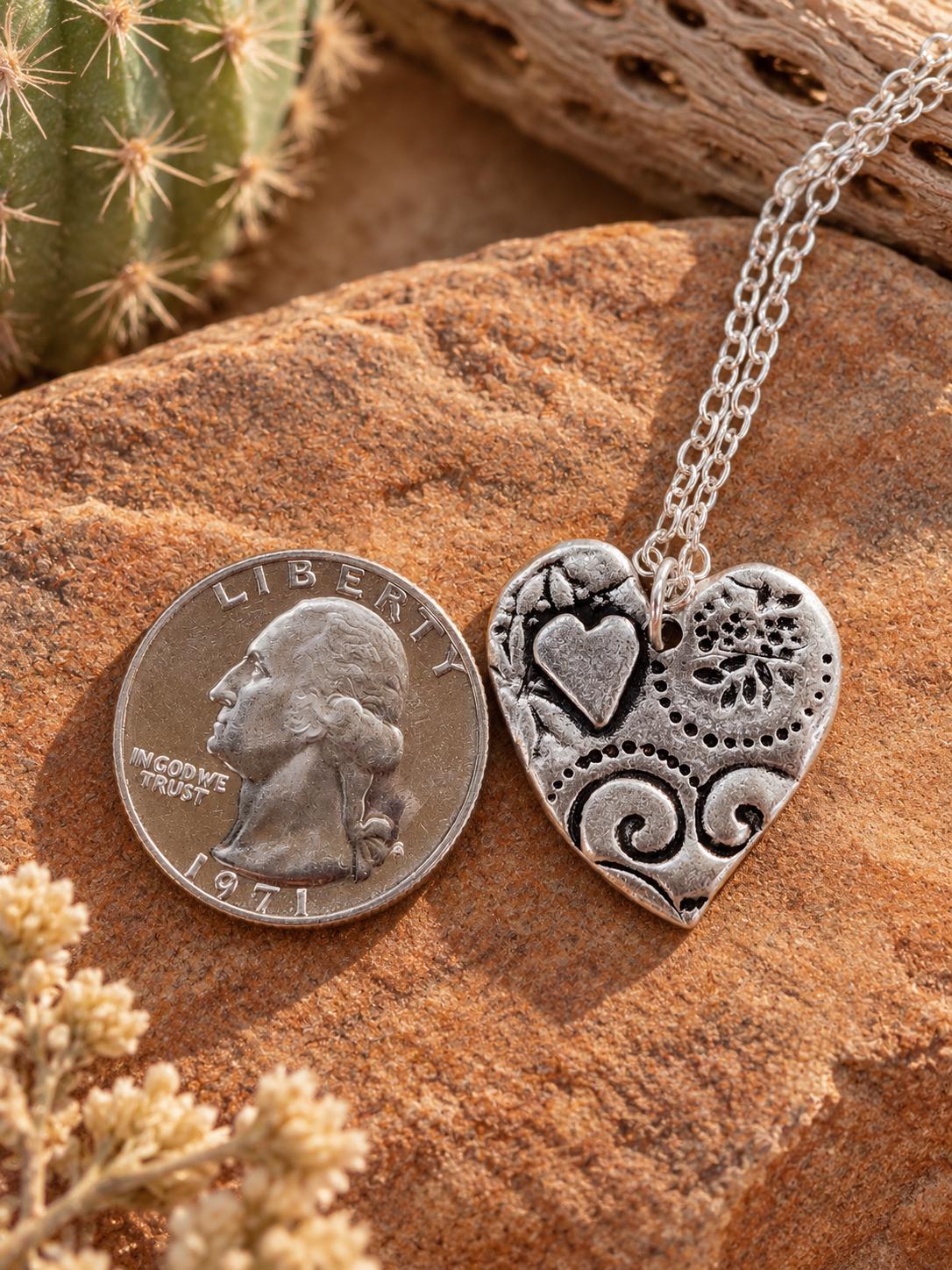 Amore Heart Antiqued Silver Pendant Necklace | Handcrafted Love Keepsake | Artisan Remembrance Jewelry | 30" Silver Chain