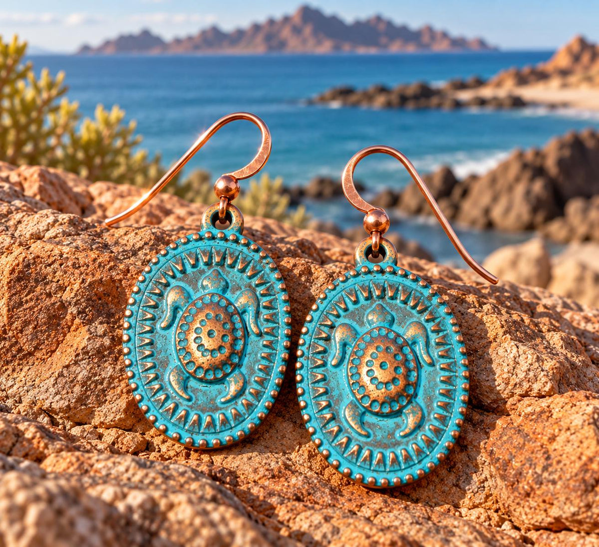 Rustic Patina Copper Sea Turtle Earrings – Turquoise Blue Dangle Earrings