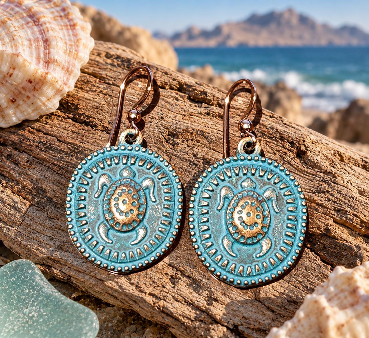Rustic Patina Copper Sea Turtle Earrings – Turquoise Blue Dangle Earrings