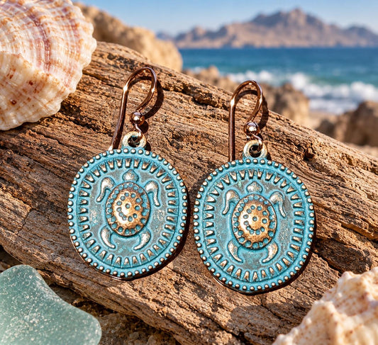 Rustic Patina Copper Sea Turtle Earrings – Turquoise Blue Dangle Earrings