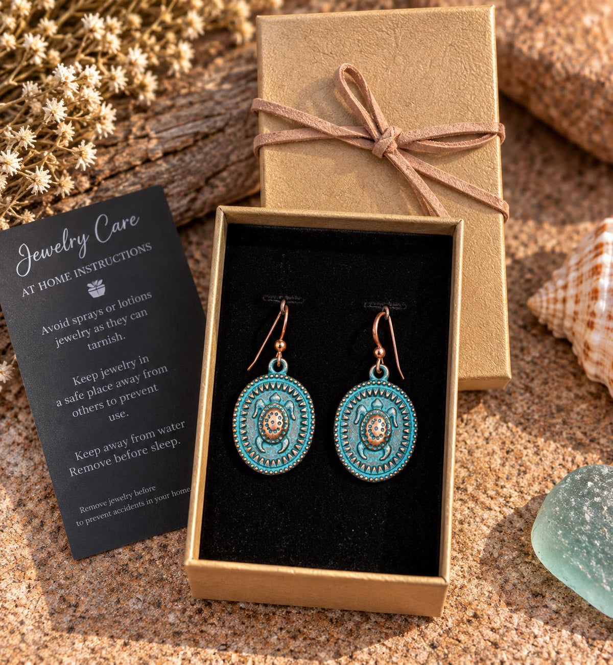 Rustic Patina Copper Sea Turtle Earrings – Turquoise Blue Dangle Earrings