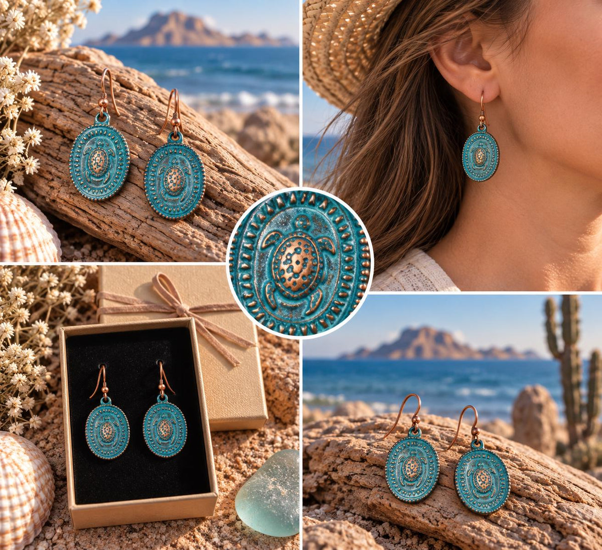 Rustic Patina Copper Sea Turtle Earrings – Turquoise Blue Dangle Earrings