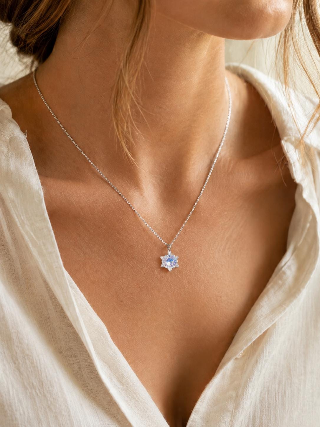 Aurora Borealis Edelweiss Crystal Pendant Necklace, Sterling Silver Chain, Adjustable Length