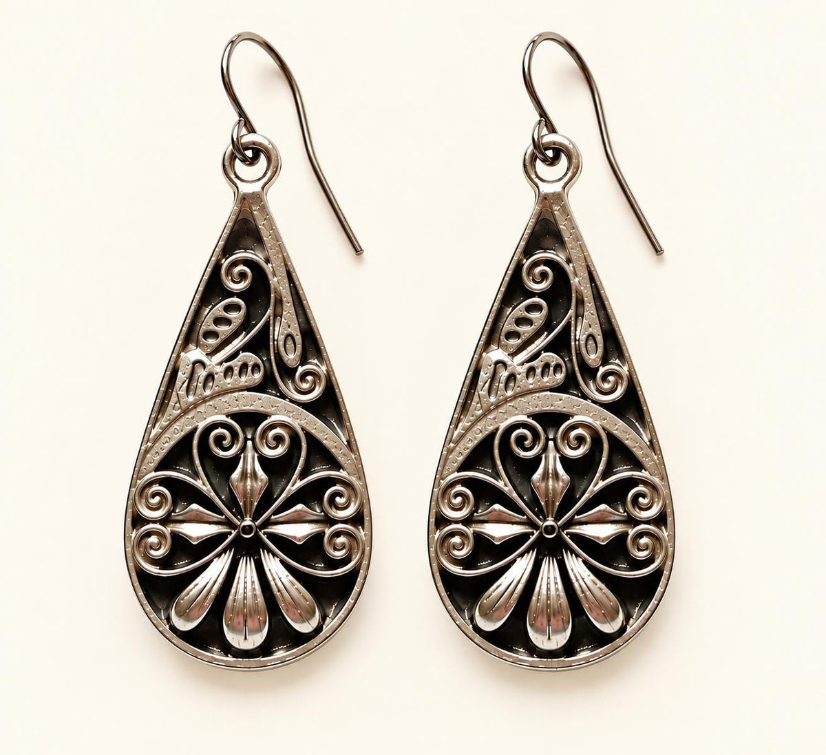 Antiqued Silver Teardrop Earrings – Ornate Floral Filigree Design