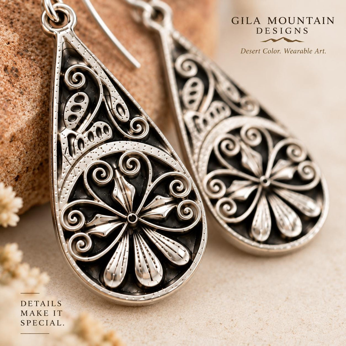 Antiqued Silver Teardrop Earrings – Ornate Floral Filigree Design