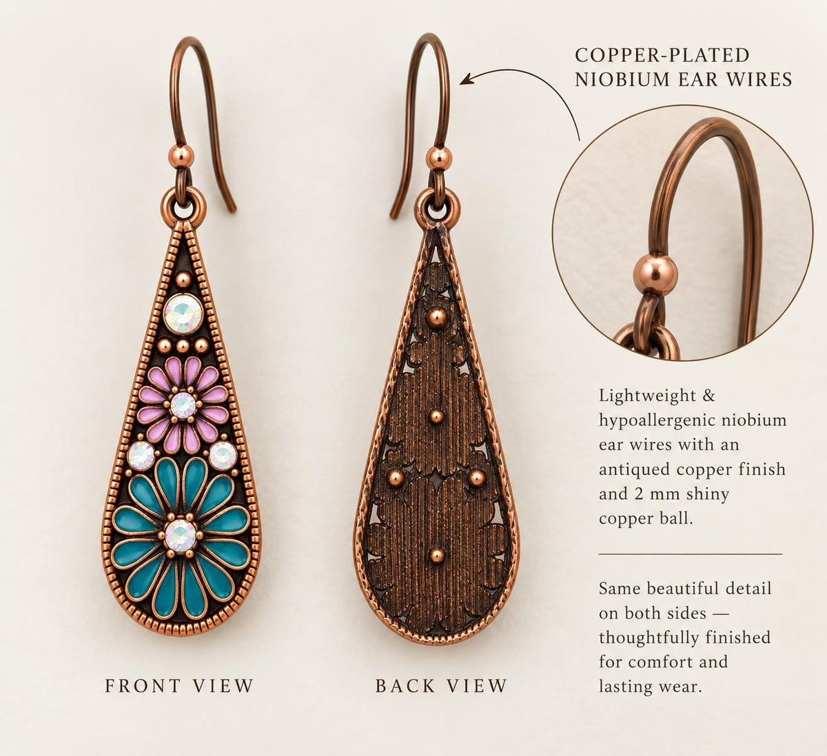 Desert Bloom Turquoise & Lavender Floral Earrings – Antiqued Copper Teardrop Dangles with Iridescent Crystals