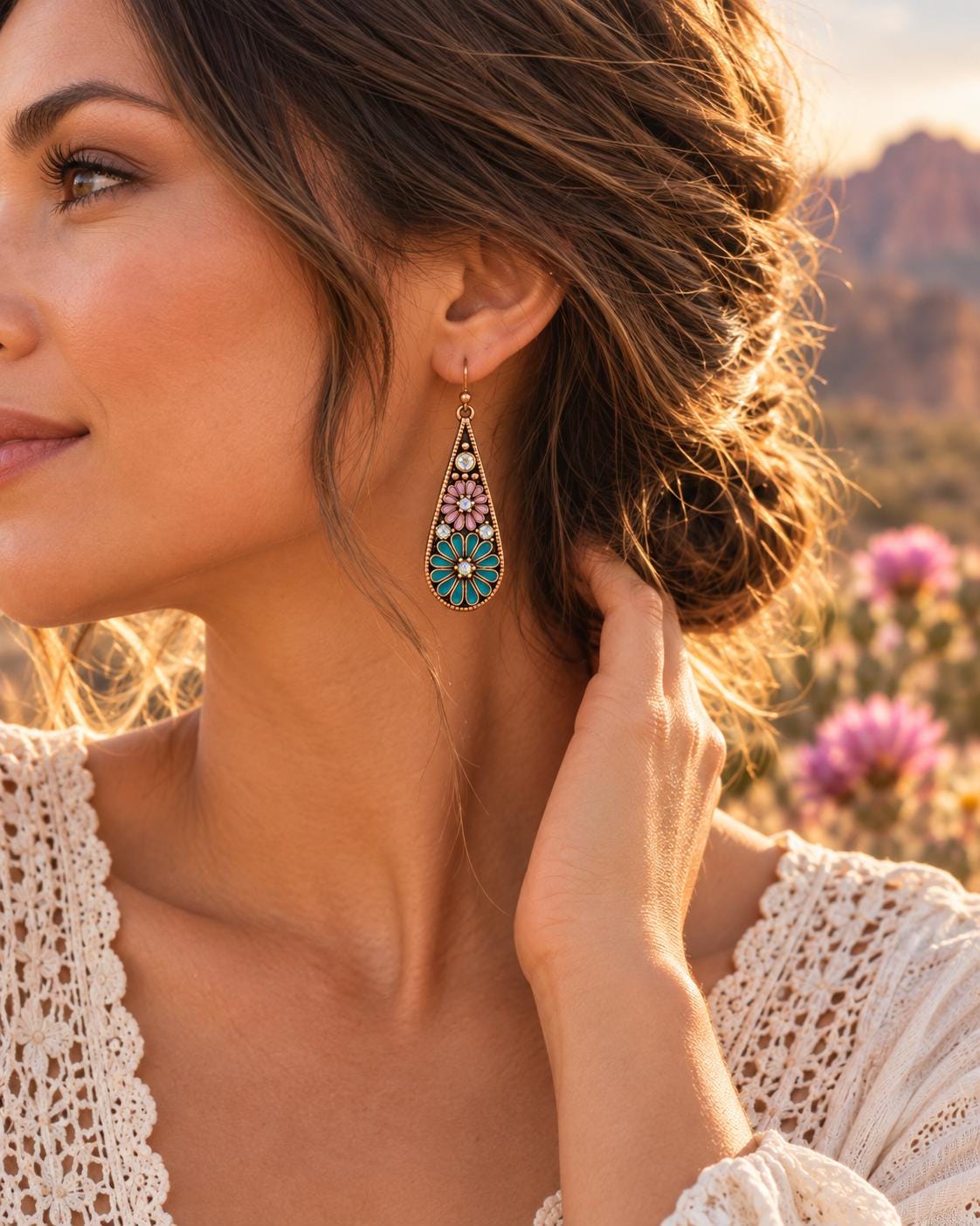 Desert Bloom Turquoise & Lavender Floral Earrings – Antiqued Copper Teardrop Dangles with Iridescent Crystals