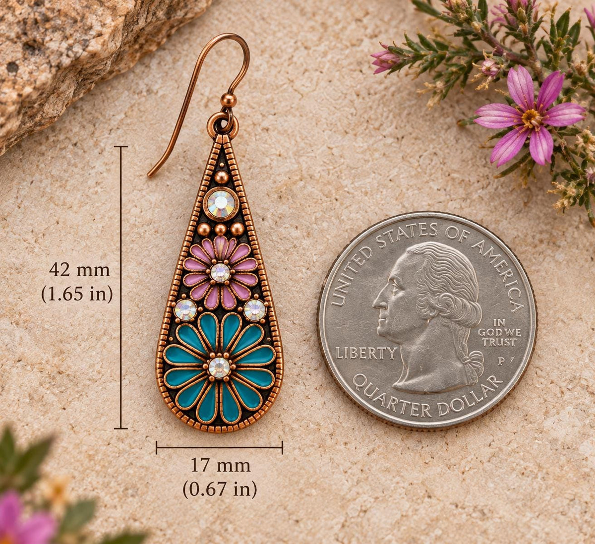 Desert Bloom Turquoise & Lavender Floral Earrings – Antiqued Copper Teardrop Dangles with Iridescent Crystals