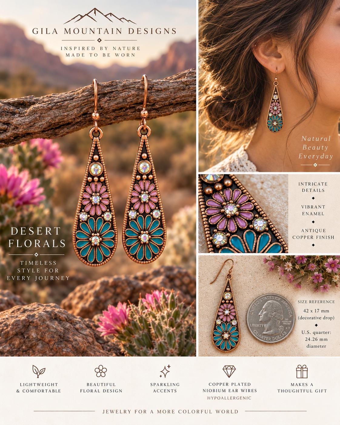 Desert Bloom Turquoise & Lavender Floral Earrings – Antiqued Copper Teardrop Dangles with Iridescent Crystals