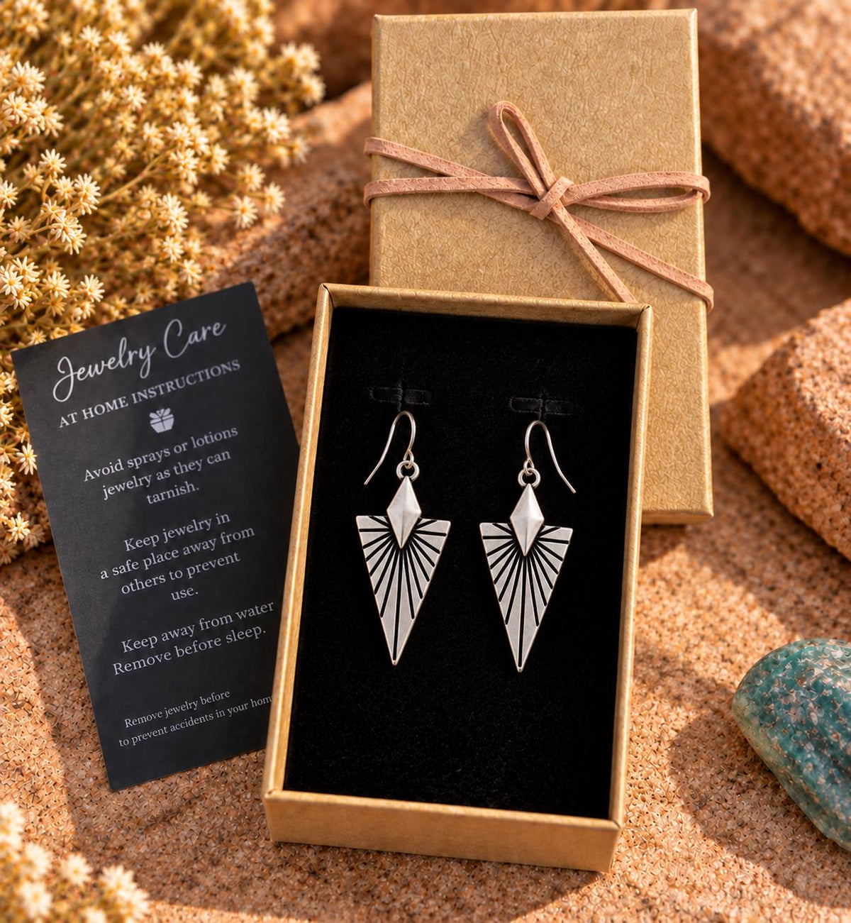 Southwest Sunburst Earrings, Antiqued Silver Geometric Dangle Earrings, Desert Inspired Triangle Earrings