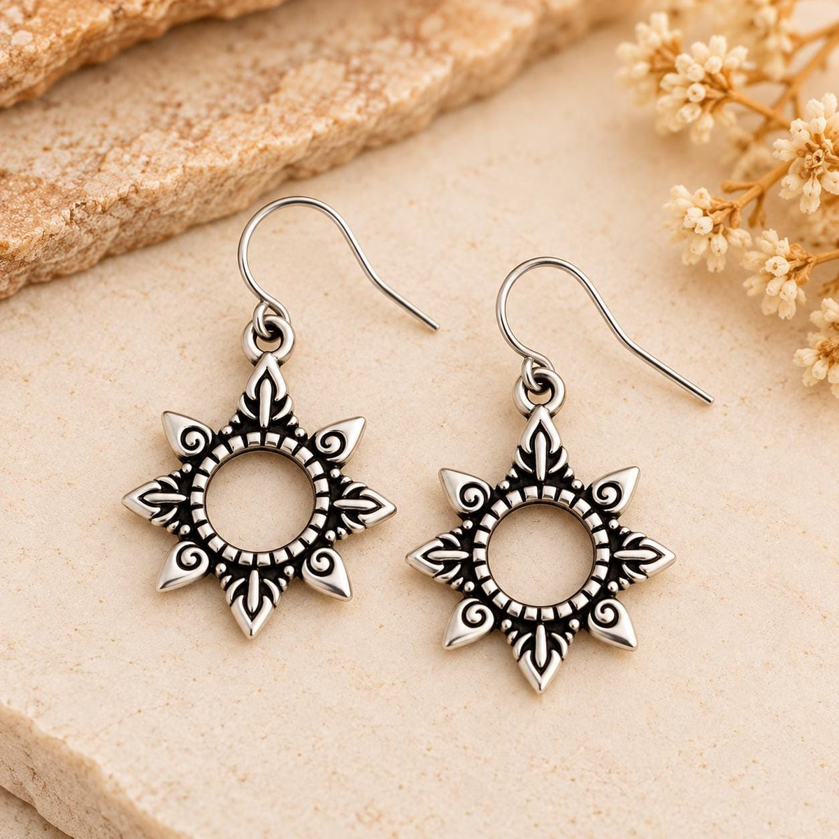 Petite Open Sunburst Earrings | Southwestern Dangle Drops | Antiqued Silver Sun | Small Boho Earrings