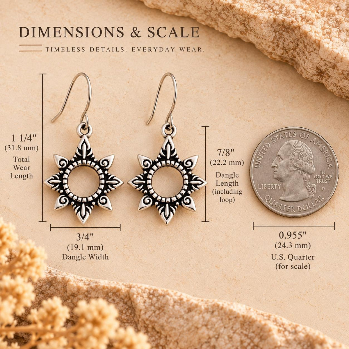 Petite Open Sunburst Earrings | Southwestern Dangle Drops | Antiqued Silver Sun | Small Boho Earrings