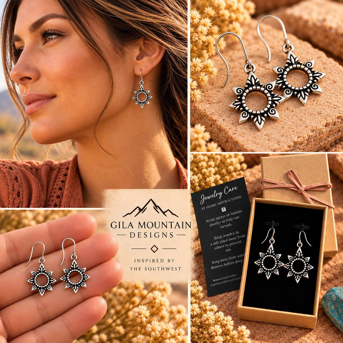 Petite Open Sunburst Earrings | Southwestern Dangle Drops | Antiqued Silver Sun | Small Boho Earrings