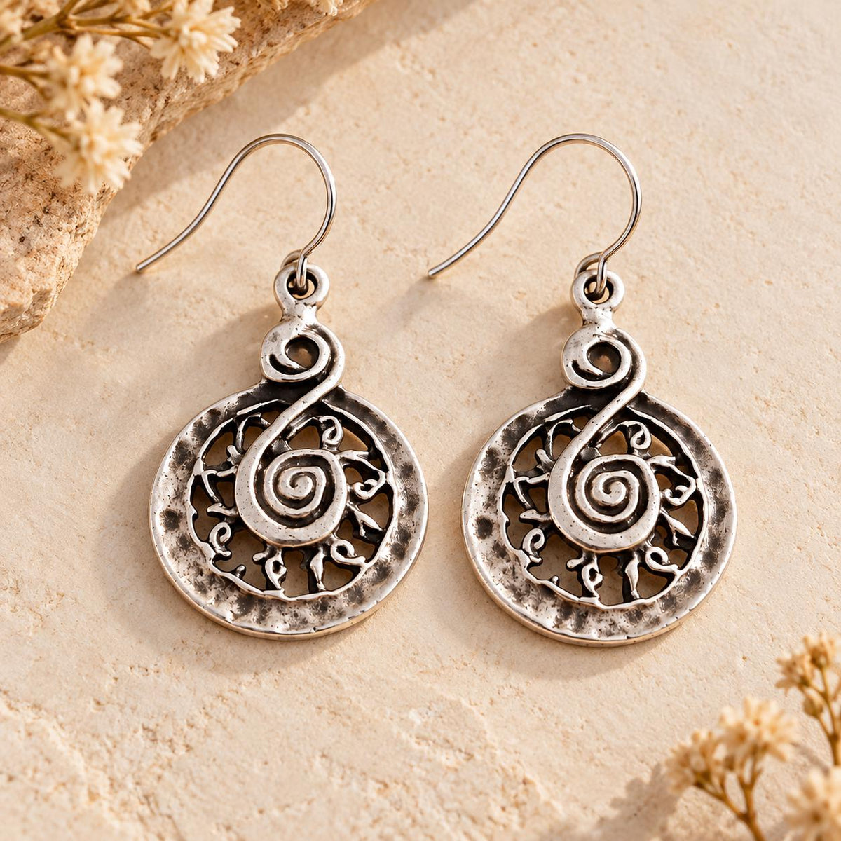 Rustic Spiral Filigree Earrings | Silver Tone Tribal Dangle Drops | Boho Cutout Design | Lightweight Artisan Style Jewelry