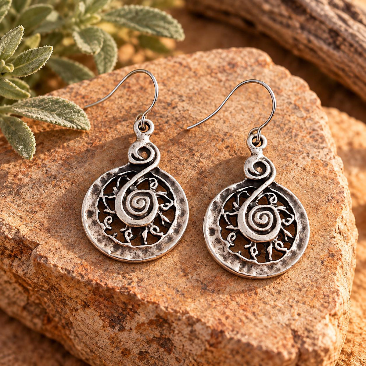 Rustic Spiral Filigree Earrings | Silver Tone Tribal Dangle Drops | Boho Cutout Design | Lightweight Artisan Style Jewelry