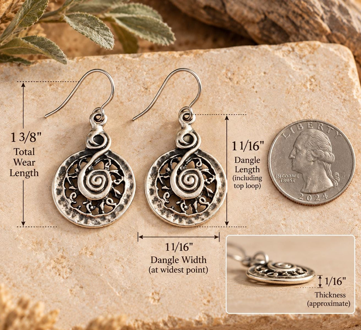 Rustic Spiral Filigree Earrings | Silver Tone Tribal Dangle Drops | Boho Cutout Design | Lightweight Artisan Style Jewelry
