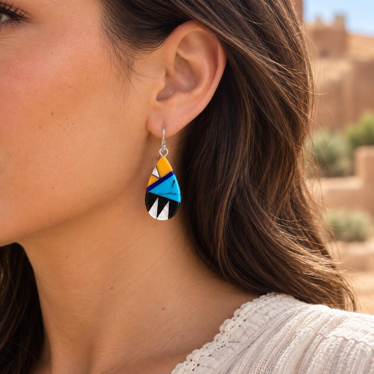 Southwestern Teardrop Earrings – Mother of Pearl & Colorful Geometric Resin Inlay
