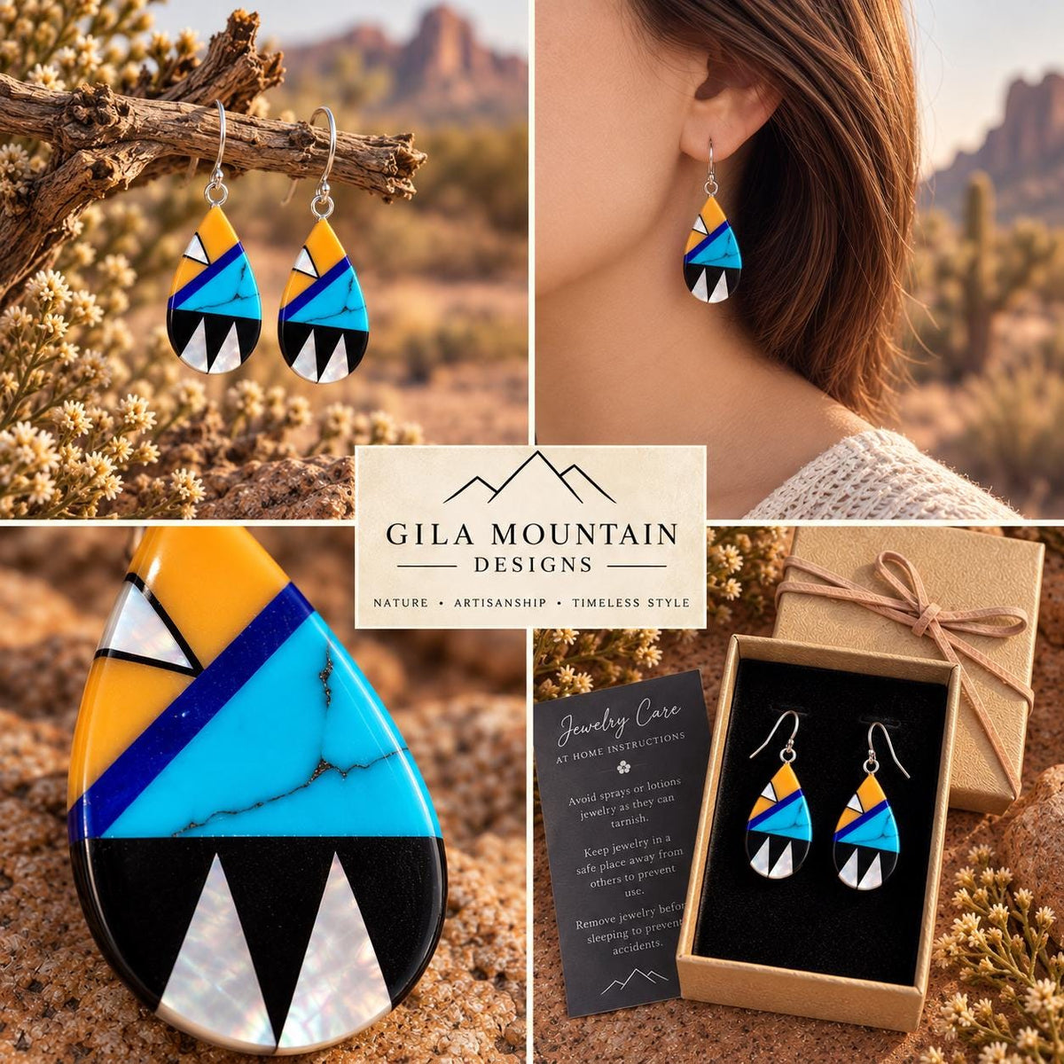 Southwestern Teardrop Earrings – Mother of Pearl & Colorful Geometric Resin Inlay
