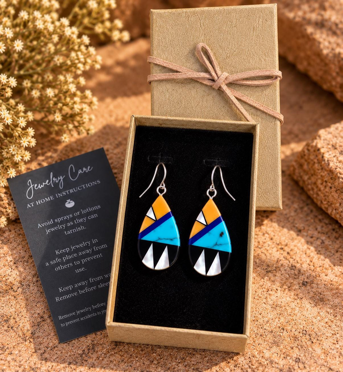 Southwestern Teardrop Earrings – Mother of Pearl & Colorful Geometric Resin Inlay