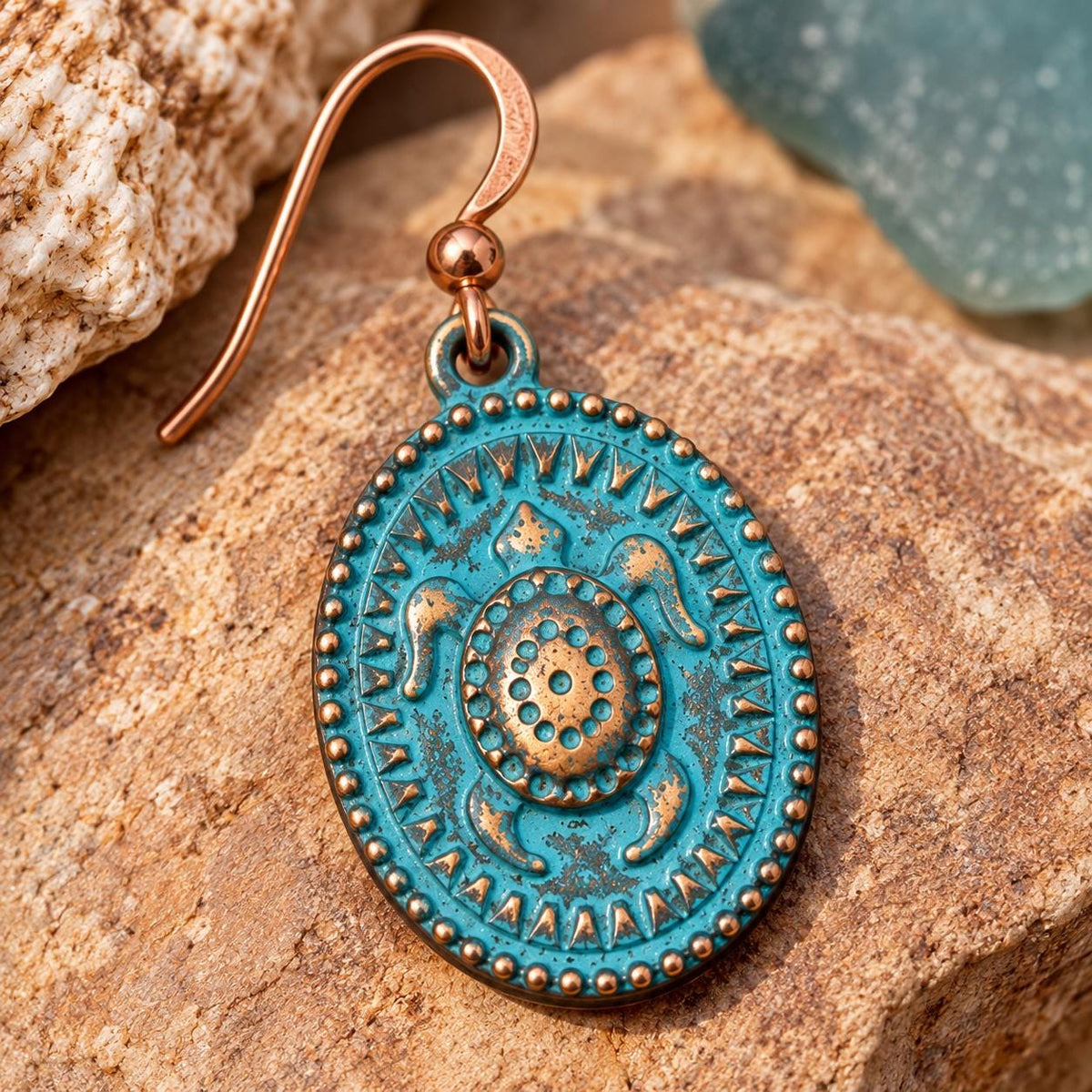 Rustic Patina Copper Sea Turtle Earrings – Turquoise Blue Dangle Earrings