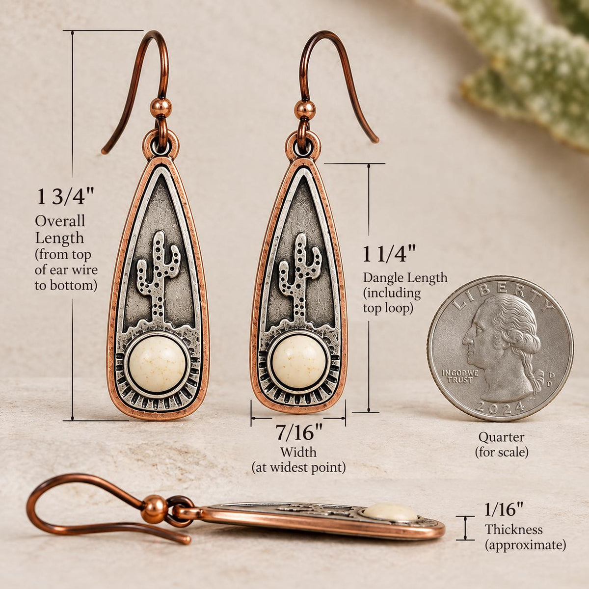 Southwestern Cactus Earrings | Copper & Silver Tone Desert Dangle Earrings with Niobium Ear Wires
