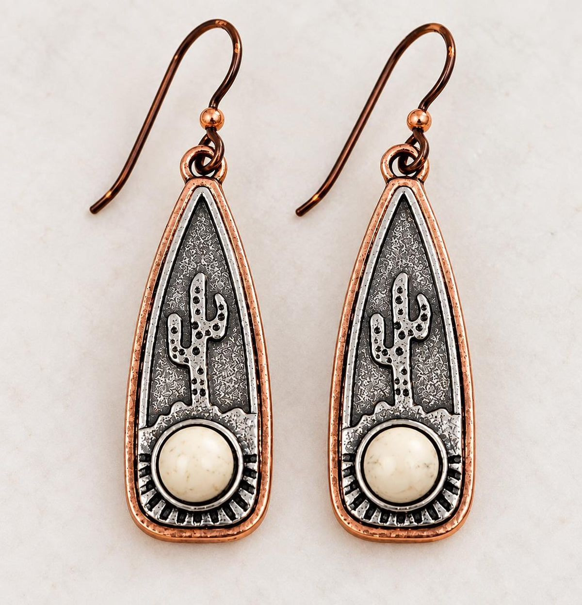 Southwestern Cactus Earrings | Copper & Silver Tone Desert Dangle Earrings with Niobium Ear Wires