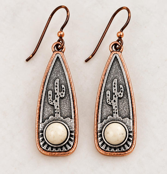 Southwestern Cactus Earrings | Copper & Silver Tone Desert Dangle Earrings with Niobium Ear Wires