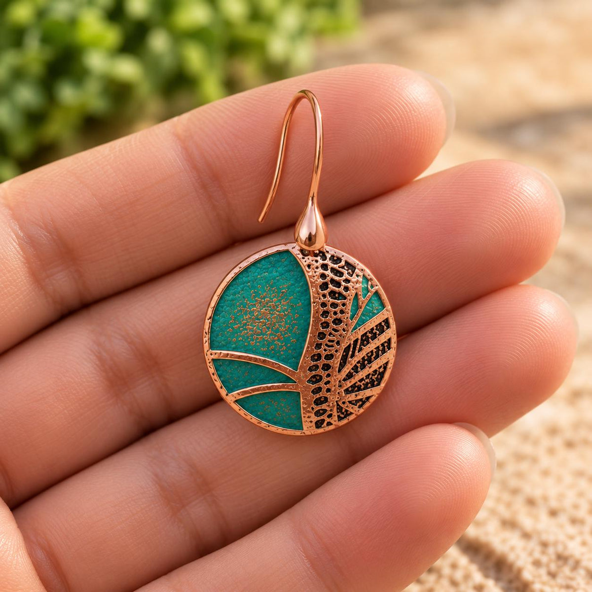 Turquoise Green & Copper Round Earrings | Botanical Nature Dangles | Warm Earthy Style