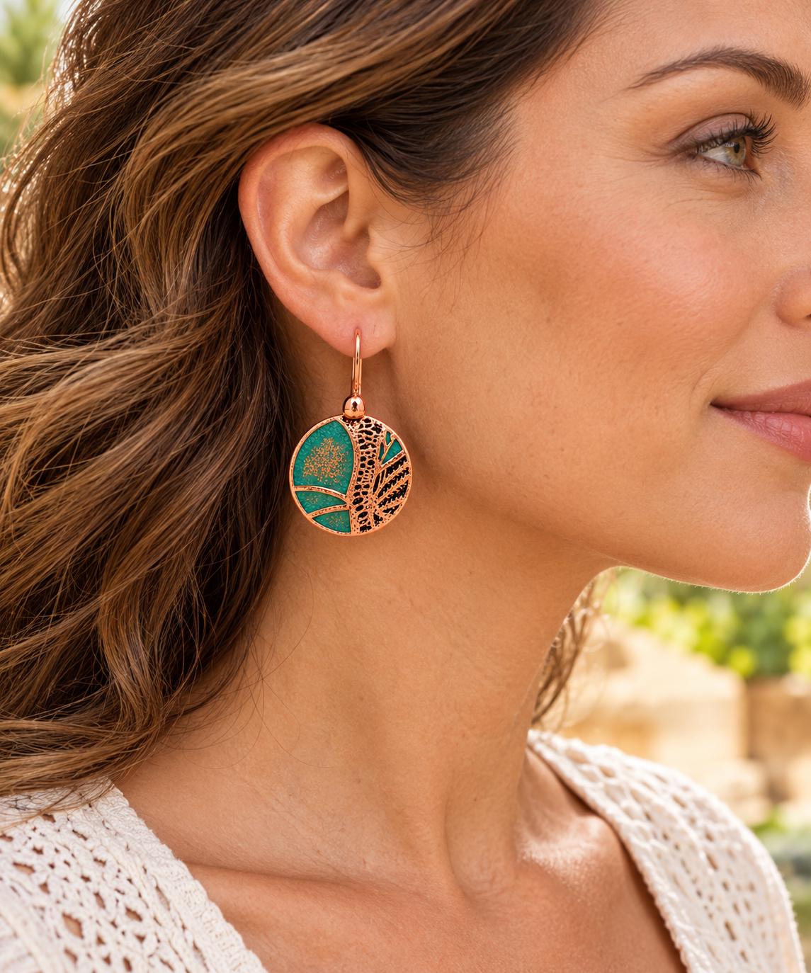 Turquoise Green & Copper Round Earrings | Botanical Nature Dangles | Warm Earthy Style