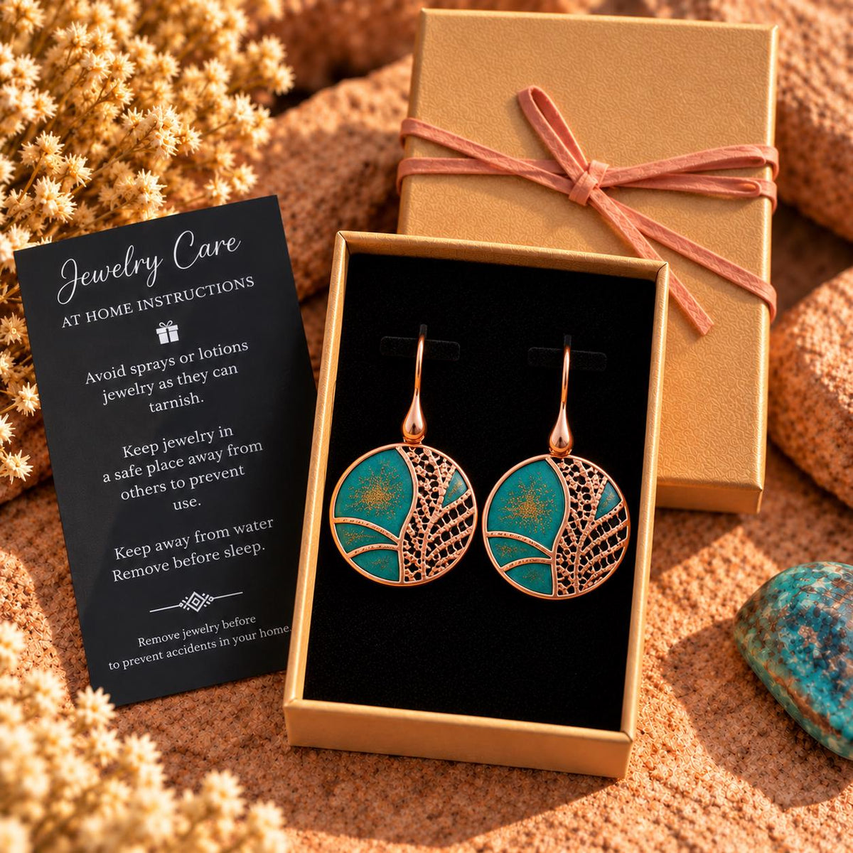 Turquoise Green & Copper Round Earrings | Botanical Nature Dangles | Warm Earthy Style