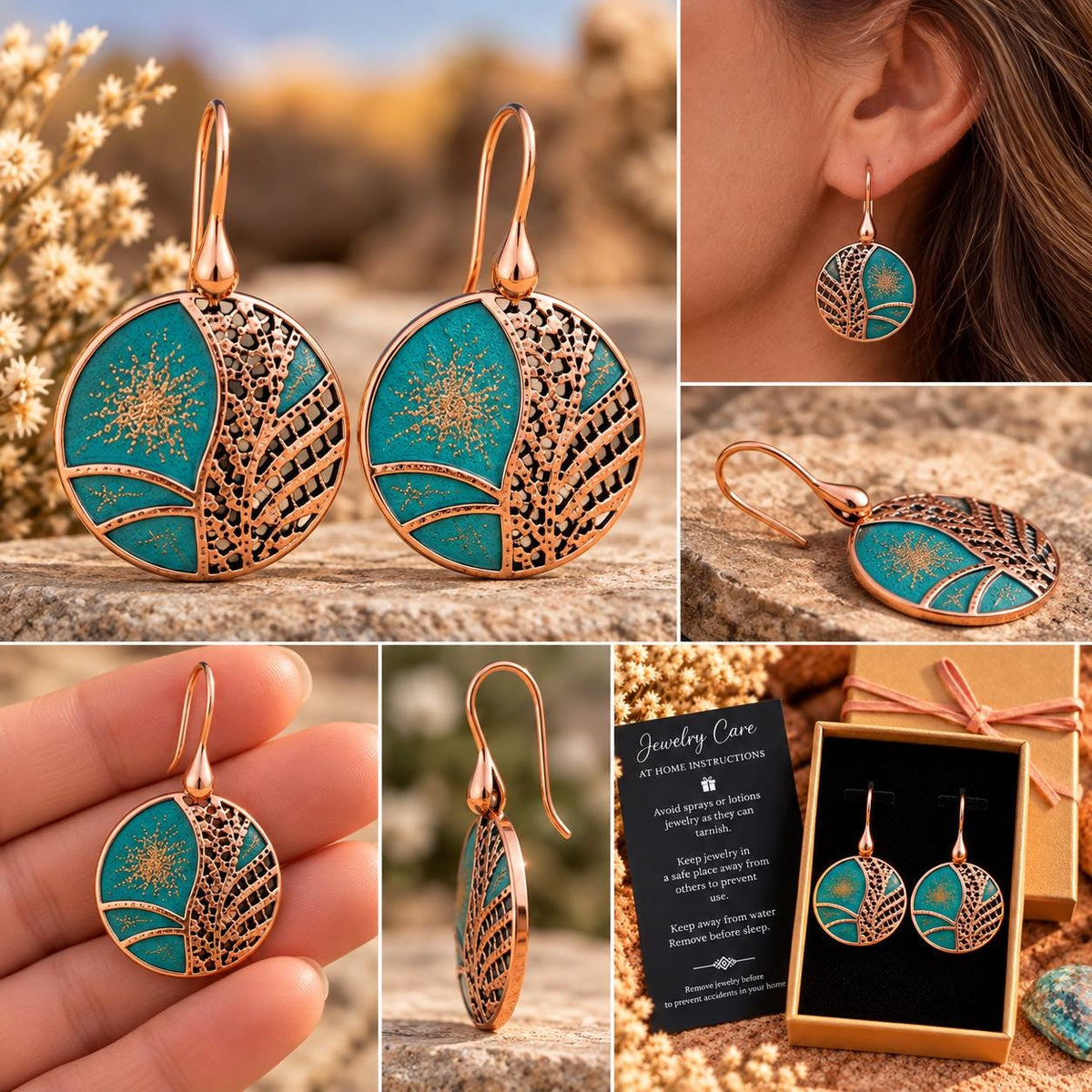 Turquoise Green & Copper Round Earrings | Botanical Nature Dangles | Warm Earthy Style